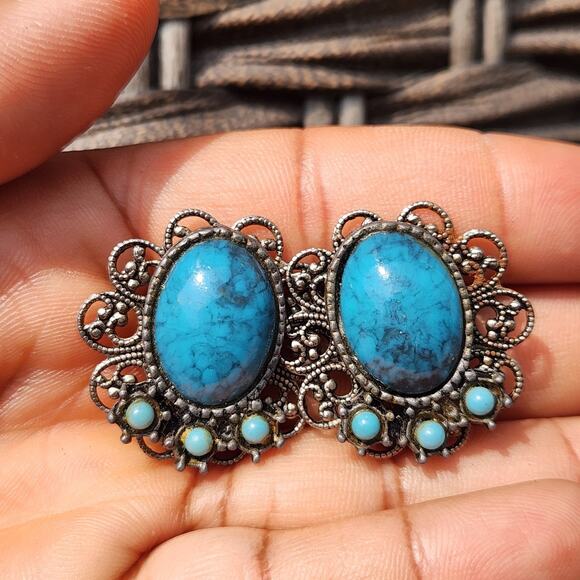 Vintage Ornate Silver-tone Turquoise Clip-on Earrings 1in Retro Glam Gatsby - Picture 1 of 7